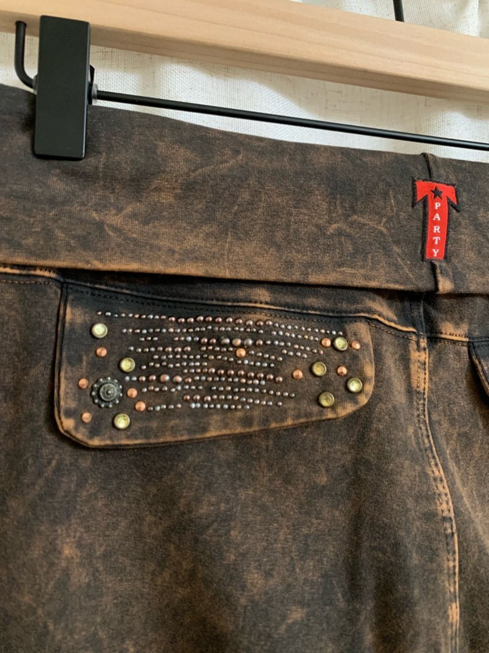 T Party Brown Mineral Wash Fold Over Legging Distressed Embellished Pant Bootcut - Picture 6 of 7